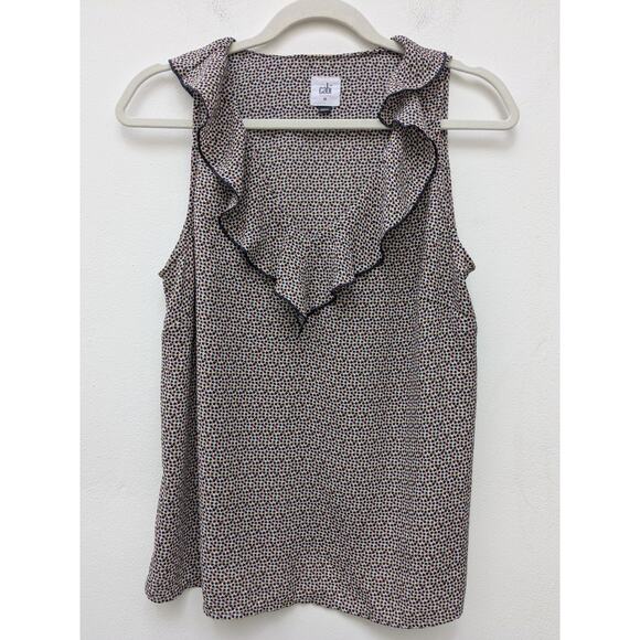 Cabi Women’s Blouse Ruffle Sleeveless Tan Black Star Print Top Size Medium - Picture 2 of 11
